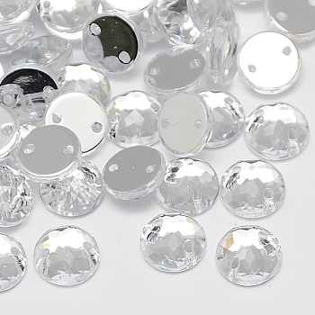 Sew on Rhinestone, Taiwan Acrylic Rhinestone, Two Holes, Garments Accessories, Faceted, Half Round/Dome, Clear, 15x5mm, Hole: 1mm