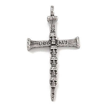 304 Stainless Steel Big Pendants, Halloween Cross Skull Deathly Charm, Antique Silver, 78x41x7.5mm, Hole: 7mm