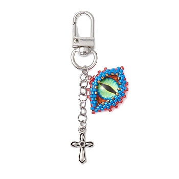 Evil Eye Glass Seed Loom & Cross Alloy Pendant Decoration, Swivel Lobster Claw Clasps for Bag Ornaments, Platinum, 81mm