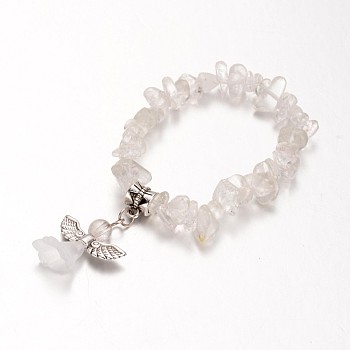 Natural Crystal Kids Bracelets, with Acrylic Bead and Antique Silver Alloy Findings, Lovely Wedding Dress Angel Dangle, 39mm