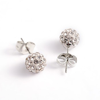 Polymer Clay Rhinestone Ball Stud Earrings, with Steel Pins, Crystal, 8~9mm, Pin: 0.8mm