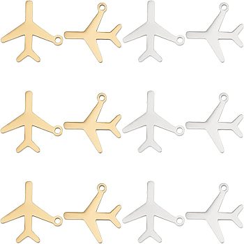 12Pcs 2 Colors 201 Stainless Steel Pendants, Laser Cut, Passenger Plane, Golden & Stainless Steel Color, 15.5x15.5x1mm, Hole: 1.4mm, 6pcs/color