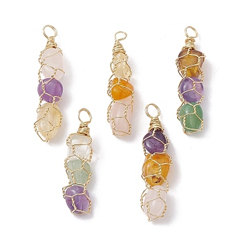 5Pcs Natural Mixed Gemstone Copper Wire Wrapped Pendants, Nuggets Charms, Real 18K Gold Plated, 35~41x9~10x8~8.5mm, Hole: 3.5~3.8mm