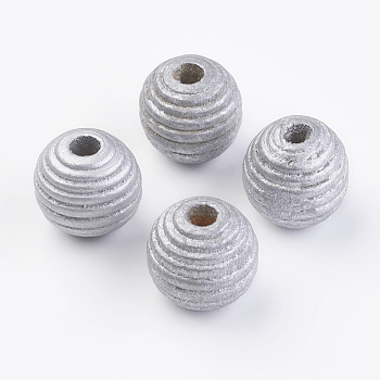 Spray Painted Natural Wood Beehive European Beads, Round, Silver Color Plated, 19~20x19mm, Hole: 5mm, about 200pcs/500g