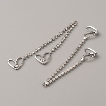 Brass Rhinestone Tassel Big Pendants, Heart, Platinum, 70x2mm, Hole: 1.6mm