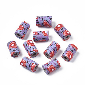Handmade Polymer Clay Beads, Column with Jewelry Crafts Pattern, Lilac, 11x6~7.5mm, Hole: 2~3mm