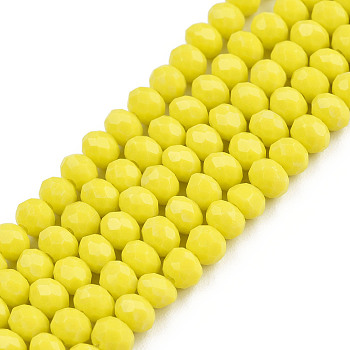 Opaque Solid Color Glass Beads Strands, Faceted, Rondelle, Yellow, 3.5~3.8x3mm, Hole: 0.4mm, about 113~115pcs/strand, 32~33cm