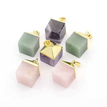 Natural & Synthetic Mixed Stone Cube Pendants, with Golden Plated Brass Finding, 25x16x16mm, Hole: 5x8mm
