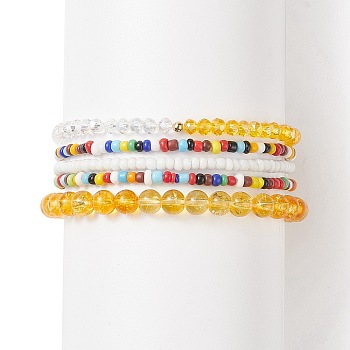 Faceted Glass & Natural Citrine(Dyed & Heated) Stretch Beaded Bracelets Sets, Bohemia Seed Beads Bracelets for Women, Inner Diameter: 2-1/8~2-3/8 inch(5.5~6cm), 5pcs/set