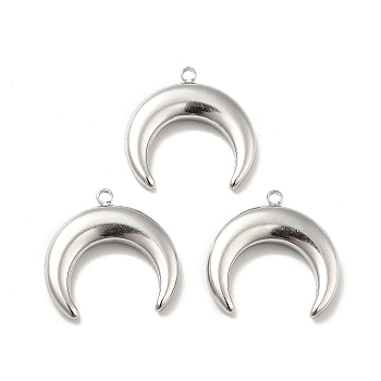 304 Stainless Steel Pendants, Double Horn/Crescent Moon, Stainless Steel Color, 18x18.5x3.5mm, Hole: 1.5mm