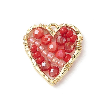 Japanese Seed & Glass Beaded Pendant, with Real 18K Gold Plated Alloy Findings, Heart, Red, 22.5x21x4mm, Hole: 1.5mm