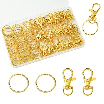 60Pcs Alloy Swivel Lobster Claw Clasps, Swivel Snap Hook, with 60Pcs Iron Split Key Rings, Keychain Clasps Set, Golden, 35x13mm, Hole: 8.5mm