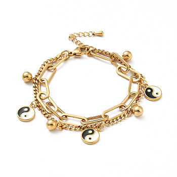 Resin Yin Yang and Round Ball Charm Multi-strand Bracelet, Vacuum Plating 304 Stainless Steel Double Layered Chains Bracelet for Women, Golden, 7-1/2 inch(19cm)