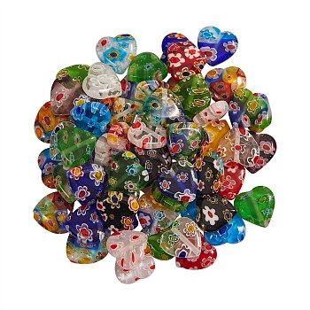2 Strands Handmade Millefiori Glass Heart Bead Strands, Mixed Color, 12x12x3.5mm, Hole: 1mm