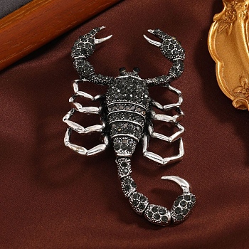 Scorpion Rhinestone Brooch Pin, Alloy Badge for Backpack Clothes, Antique Silver, Jet, 85x47mm