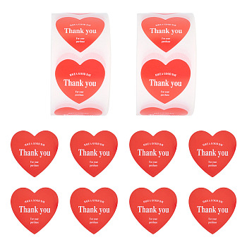 2Roll Heart with Thank You Roll Stickers, Self-Adhesive Paper Gift Tag Stickers, for Party Decorative Presents Thaksgiving Day, Red, 25x25x0.1mm, 2roll/set