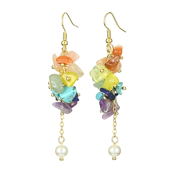 Natural & Synthetic Mixed Gemstone Chips & Shell Pearl Dangle Earrings, Cluster Earrings, 68~69.5mm