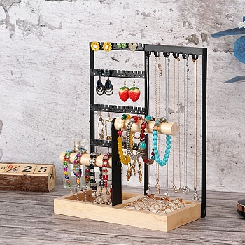 Multi Levels Rectangle Iron Earring Display Stands, Jewelry Display Rack, with Wood Basements Foundation, Electrophoresis Black, 22.5x12x28cm