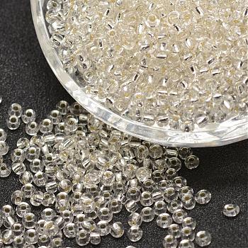 12/0 Transparent Glass Round Seed Beads, Grade A, Silver Lined, Clear, 1.8~2.0mm, Hole: 0.8mm, about 28000pcs/pound