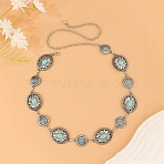 Oval Flower Alloy with Dyed Synthetic Turquoise Link Chain Waist Belly Chains for Women, Turquoise Color, Antique Silver, 1050mm(FS-WG9F428-02)