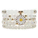 Bohemian Glass & Plastic Beads Strertch Bracelets & Sunflower Zinc Alloy Enamel Charm Bracelets, Stackable Bracelets for Women, Golden, White, Inner Diameter: 2.36 inch(6cm), about 5pcs/set(FS-WG4AF45-01)