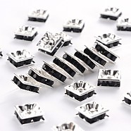 Brass Rhinestone Spacer Beads, Square, Nickel Free, Silver Color Plated, Jet, 8x8x4mm, Hole: 1mm(RSB074NF-04S)