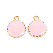 304 Stainless Steel Enamel Charms, Ion Plating(IP), Golden, Flat Round, Pink, 13.5x10.5x3mm, Hole: 1.6mm(STAS-Q241-018B)