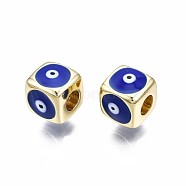 Brass European Beads, with Enamel, Large Hole Beads, Real 18K Gold Plated, Nickel Free, Cube with Evil Eye, Medium Blue, 9x10x10mm, Hole: 4mm(KK-S362-044B-NF)
