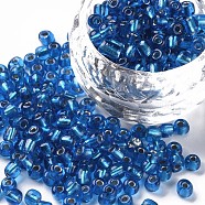 6/0 Glass Seed Beads, Silver Lined Round Hole, Round, Sky Blue, 4mm, Hole: 1.5mm, 1000pcs/100g(X1-SEED-A005-4mm-23B)