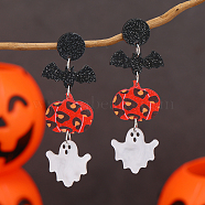 Acrylic Sweet Cute Long Halloween Pumpkin & Bat & Ghost Stud Earrings, Colorful, 64x22mm(WE2095)