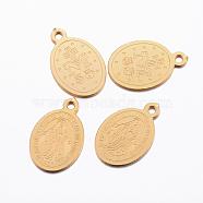 Ion Plating(IP) 304 Stainless Steel Charms, Oval with Virgin Mary, Golden, 14x9x0.8mm, Hole: 1mm(STAS-H378-05G)