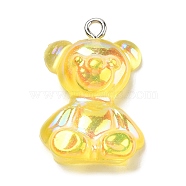 Transparent Resin Pendants, Iridescent Bear Charms with Platinum Plated Iron Loops, Gold, 24.5~25.5x17~18x8~8.5mm, Hole: 1.8mm(RESI-M033-01B)