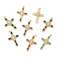 Rack Plating Brass Pendants, with Glass Cubic Zirconia, Religion Cross with Virgin Mary Charm, Cadmium Free & Lead Free, Long-Lasting Plated, Real 18K Gold Plated, Mixed Color, 46.5x31.5x5.5mm, Hole: 5x3mm(KK-D087-12G)