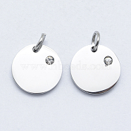 316 Surgical Stainless Steel Pendants, with Cubic Zirconia, Flat Round, Clear, Stainless Steel Color, 12x2mm, Hole: 3mm(X-STAS-K178-06P)