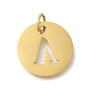 Ion Plating(IP) 304 Stainless Steel Pendants, with Jump Ring, Laser Cut, Flat Round with Letter Charm, Real 18K Gold Plated, Letter A, 20x1mm, Hole: 4.5mm(STAS-M074-01G-A)