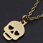 For Halloween, 201 Stainless Steel Pendant Necklaces, with Cable Chains and Lobster Claw Clasps, Skull, Golden, 15.74 inch(40cm), 1.5mm(NJEW-S105-JN592-40-2)