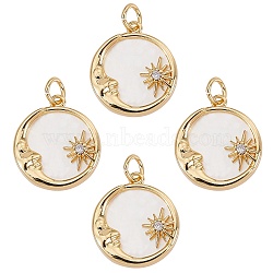 4Pcs Brass Micro Pave Clear Cubic Zirconia Pendants, with Shell & Jump Ring, Long-Lasting Plated, Flat Round with Moon & Sun, Real 18K Gold Plated, 17.5x16x3.5mm, Jump Ring: 5x1mm, 3mm Inner Diameter(ZIRC-SZ0001-67)