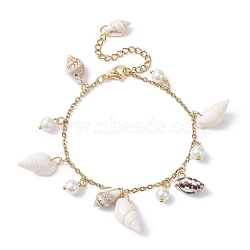 Natural Spiral Shell & Glass Pearl Charm Bracelets, Golden, 7-1/8 inch(18cm)(BJEW-JB09973)