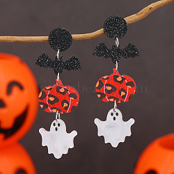 Acrylic Sweet Cute Long Halloween Pumpkin & Bat & Ghost Stud Earrings, Colorful, 64x22mm(WE2095)