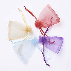 4 Colors Organza Bags, with Ribbons, Rectangle, Red/Dark Orchid/Sky Blue/Goldenrod, Mixed Color, 9~9.5x6.5~7cm, 25pcs/color, 100pcs/set(OP-MSMC003-03A-7x9cm)