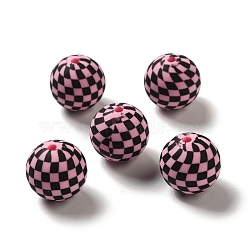 Opaque Silicone Beads, Round with Tartan, Pink, 15x14.5mm, Hole: 2.3mm(SIL-D010-01F)