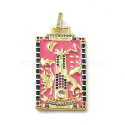 Brass Micro Pave Cubic Zirconia Pendants with Enamel, Tarot, Hot Pink, 39x22.5x3mm, Hole: 5x3mm(KK-H458-03G-03)