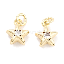 Brass with Cubic Zirconia Pendant, with Jump Ring, Star, Real 18K Gold Plated, 9.5x8x4mm, Hole: 2.4mm(KK-P271-38A-01G)