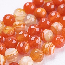 Natural Striped Agate/Banded Agate Beads Strands, Round, Faceted, Dyed, Orange, 8mm, Hole: 1mm, about 47~48pcs/strand, 14.8~15.1 inch(37.7~38.5cm)(G-P364-20-8mm)