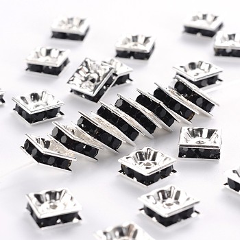 Brass Rhinestone Spacer Beads, Square, Nickel Free, Silver Color Plated, Jet, 8x8x4mm, Hole: 1mm