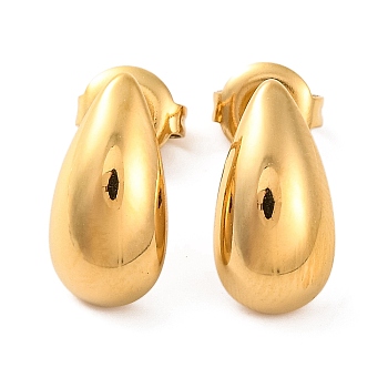 Ion Plating(IP) 304 Stainless Steel Stud Earrings, Teardrop, Real 14K Gold Plated, 14x7mm