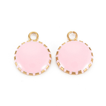 304 Stainless Steel Enamel Charms, Ion Plating(IP), Golden, Flat Round, Pink, 13.5x10.5x3mm, Hole: 1.6mm
