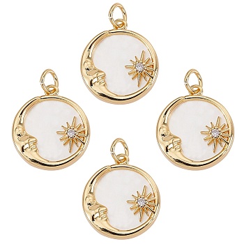 4Pcs Brass Micro Pave Clear Cubic Zirconia Pendants, with Shell & Jump Ring, Long-Lasting Plated, Flat Round with Moon & Sun, Real 18K Gold Plated, 17.5x16x3.5mm, Jump Ring: 5x1mm, 3mm Inner Diameter