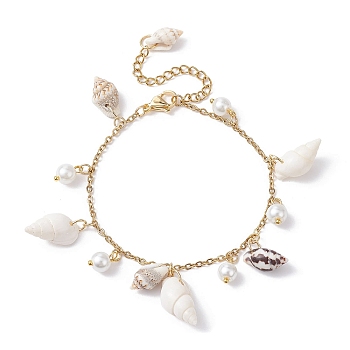Natural Spiral Shell & Glass Pearl Charm Bracelets, Golden, 7-1/8 inch(18cm)