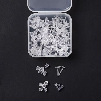 100Pcs Plastic Stud Earring Findings, Flat Round Earring Post, with 300Pcs 3 Style Plastic Ear Nuts, Clear, 12x5mm, Pin: 1mm